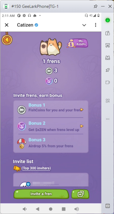 Invite menu in Catizen